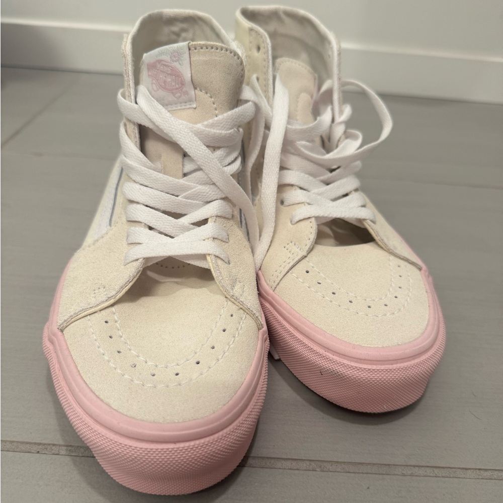 Vans Sk8-Hi High Top Sneakers - White Canvas/Suede with Pink Sole
